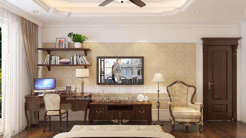 Gợi ý mẫu cửa gỗ óc chó đẹp cho phòng ngủ tân cổ điển biệt thự